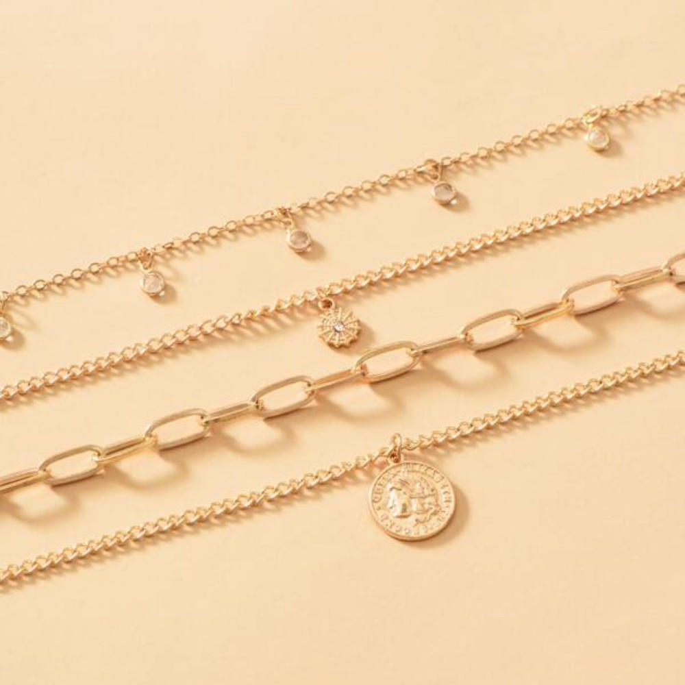 Multilayer Pendant Chain Necklace Set Boho Layered Gold Tone - Picture 3 of 8